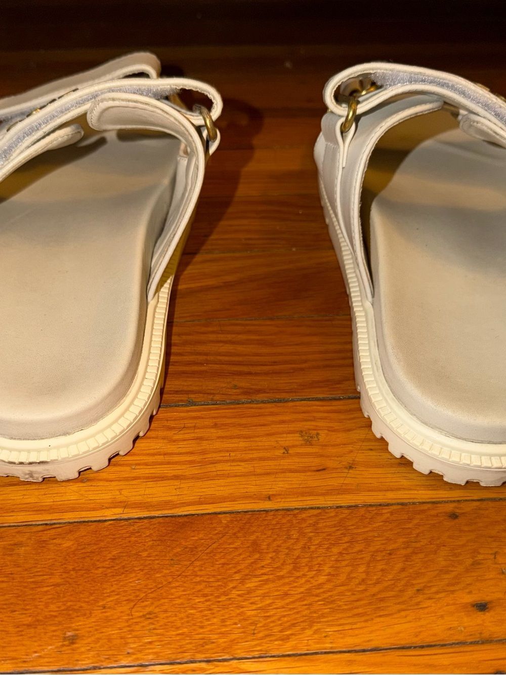 Cream Leather Double-Strap Slides with Gold DIOR Logo, Size 9. (EU 40) - Picture 5 of 8